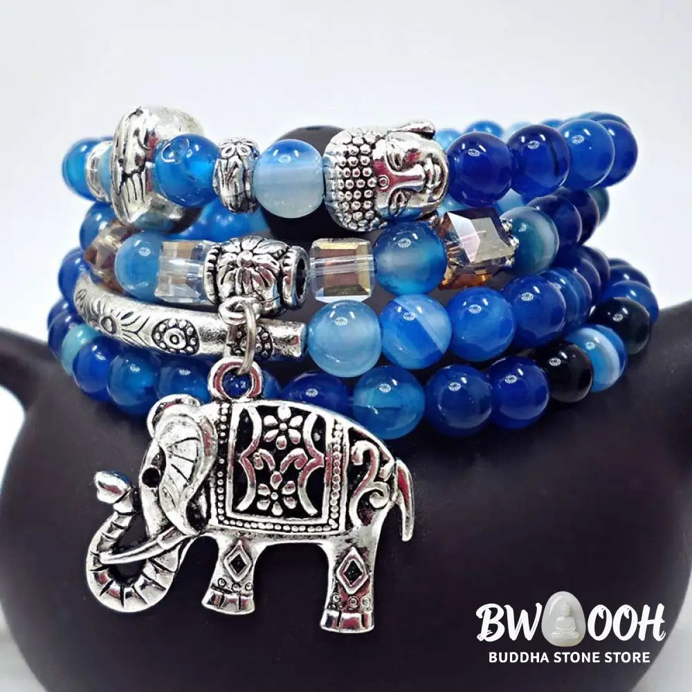 BWOOOH Natural Agate Elephant Hope Bracelet featuring polished 6mm blue, purple, and green agate beads with a 999 silver-plated copper chain, showcasing the Elephant symbol for wisdom and strength, a handmade spiritual jewelry piece. - View 2