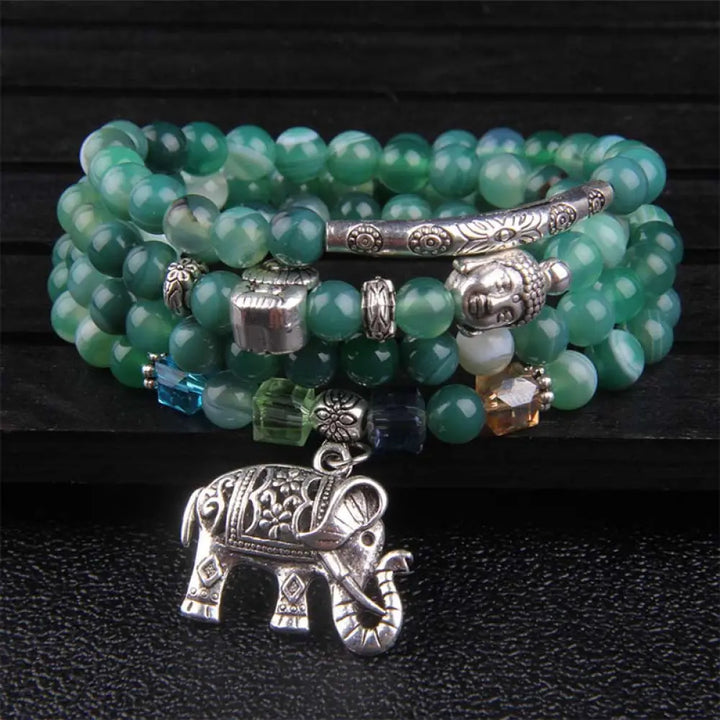 BWOOOH Natural Agate Elephant Hope Bracelet featuring polished 6mm blue, purple, and green agate beads with a 999 silver-plated copper chain, showcasing the Elephant symbol for wisdom and strength, a handmade spiritual jewelry piece. - View 8