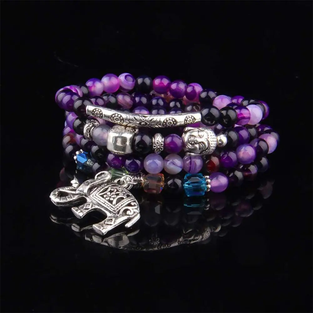 BWOOOH Natural Agate Elephant Hope Bracelet featuring polished 6mm blue, purple, and green agate beads with a 999 silver-plated copper chain, showcasing the Elephant symbol for wisdom and strength, a handmade spiritual jewelry piece. - View 6