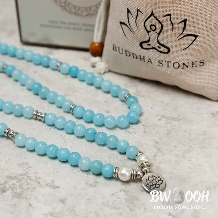 BWOOOH Natural Amazonite Stone Healing Lotus Mala Bracelet, featuring 108 polished 8mm blue Amazonite beads on premium elastic, with an elegant silver-toned lotus symbol charm, ideal for meditation and spiritual balance. - View 7