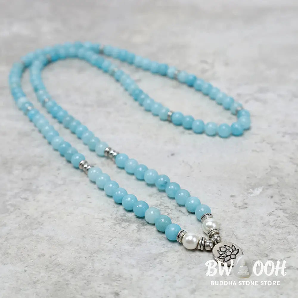 BWOOOH Natural Amazonite Stone Healing Lotus Mala Bracelet, featuring 108 polished 8mm blue Amazonite beads on premium elastic, with an elegant silver-toned lotus symbol charm, ideal for meditation and spiritual balance. - View 3