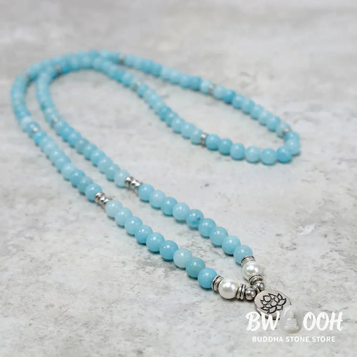 BWOOOH Natural Amazonite Stone Healing Lotus Mala Bracelet, featuring 108 polished 8mm blue Amazonite beads on premium elastic, with an elegant silver-toned lotus symbol charm, ideal for meditation and spiritual balance. - View 3