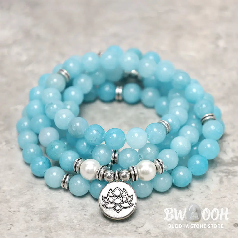 BWOOOH Natural Amazonite Stone Healing Lotus Mala Bracelet, featuring 108 polished 8mm blue Amazonite beads on premium elastic, with an elegant silver-toned lotus symbol charm, ideal for meditation and spiritual balance. - View 2