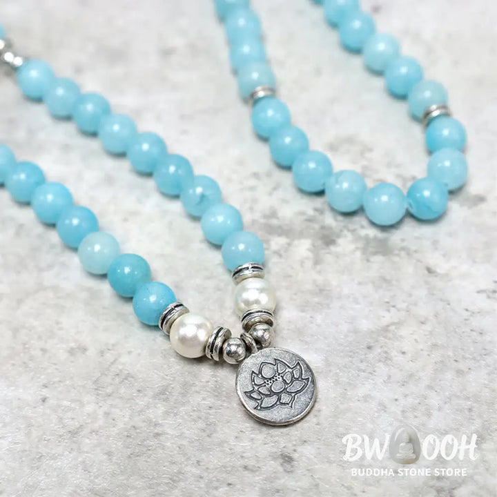 BWOOOH Natural Amazonite Stone Healing Lotus Mala Bracelet, featuring 108 polished 8mm blue Amazonite beads on premium elastic, with an elegant silver-toned lotus symbol charm, ideal for meditation and spiritual balance. - View 4