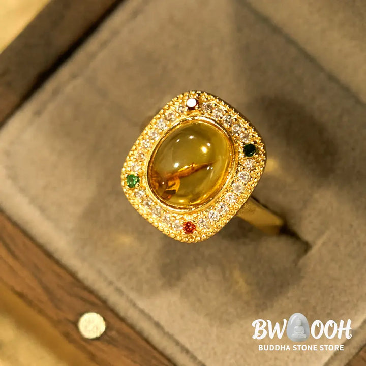 Buddha Stones Natural Amber Flower Square Support Full Diamond Confidence Ring - Amber(Inner Circumference: 58-62mm)