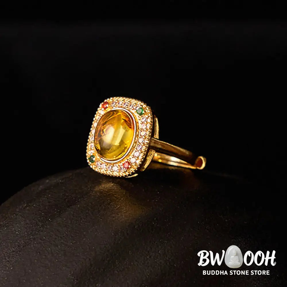 Buddha Stones Natural Amber Flower Square Support Full Diamond Confidence Ring - Amber(Inner Circumference: 58-62mm)