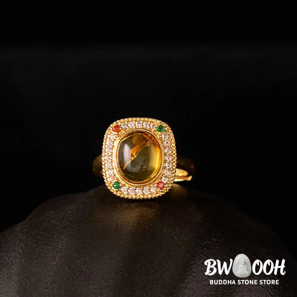 Buddha Stones Natural Amber Flower Square Support Full Diamond Confidence Ring - Amber(Inner Circumference: 58-62mm)
