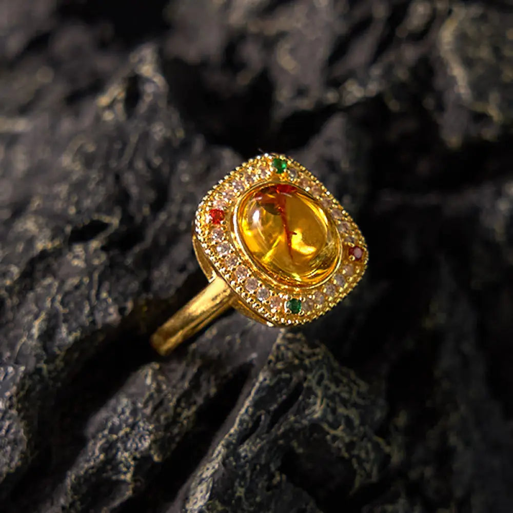 BWOOOH Natural Amber Flower Square Support Full Diamond Confidence Ring — natural stone crystal healing bracelet for spiri...