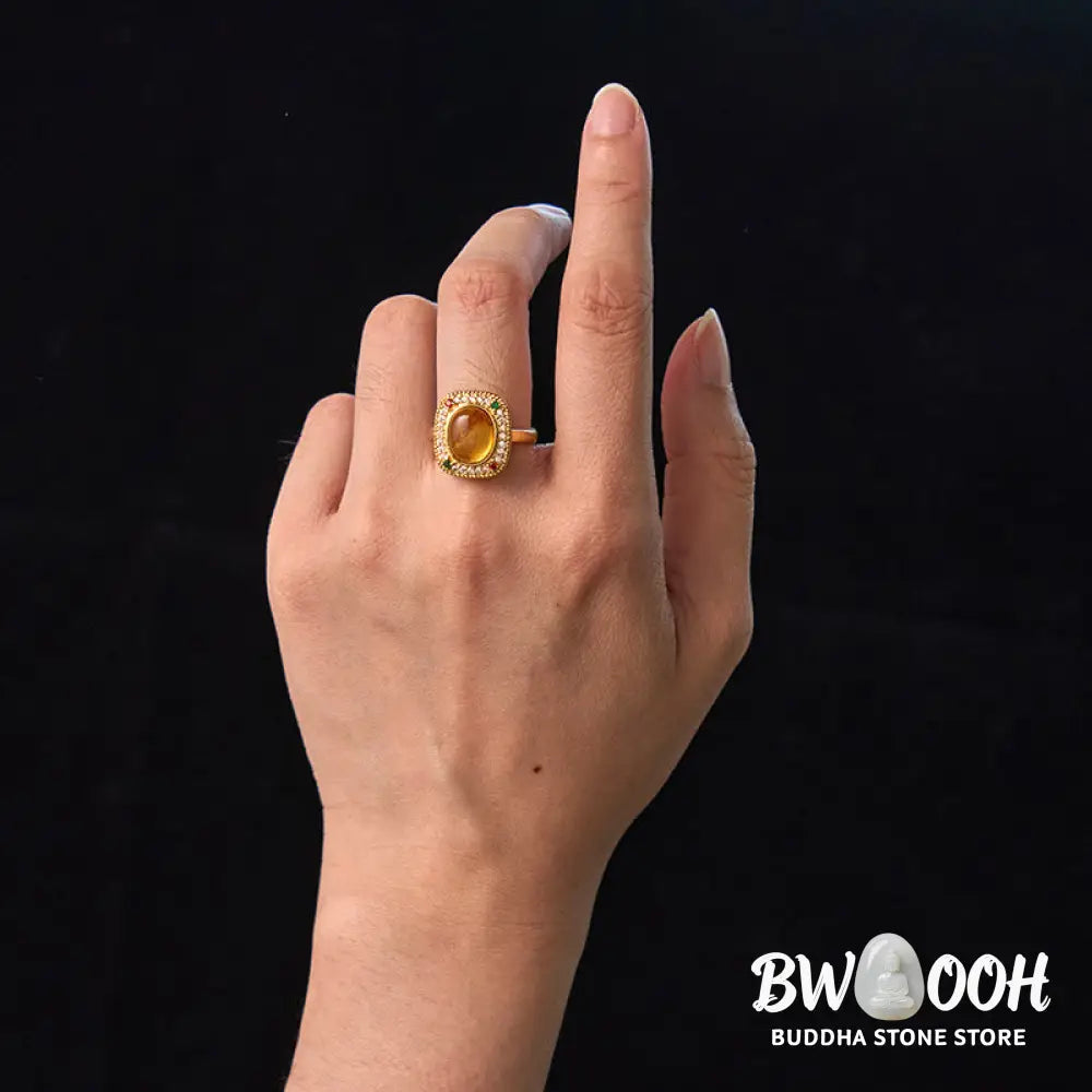 Buddha Stones Natural Amber Flower Square Support Full Diamond Confidence Ring - Amber(Inner Circumference: 58-62mm)