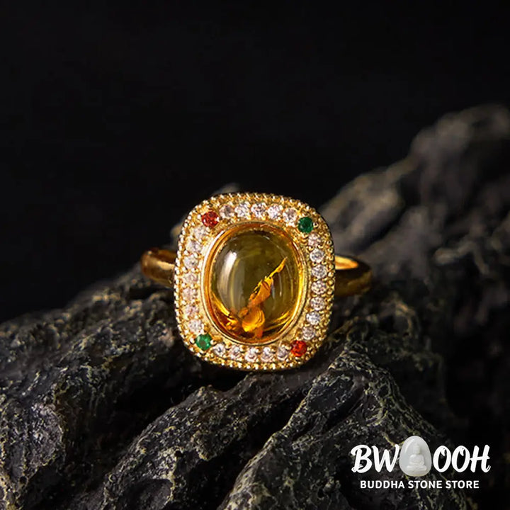 Buddha Stones Natural Amber Flower Square Support Full Diamond Confidence Ring - Amber(Inner Circumference: 58-62mm)