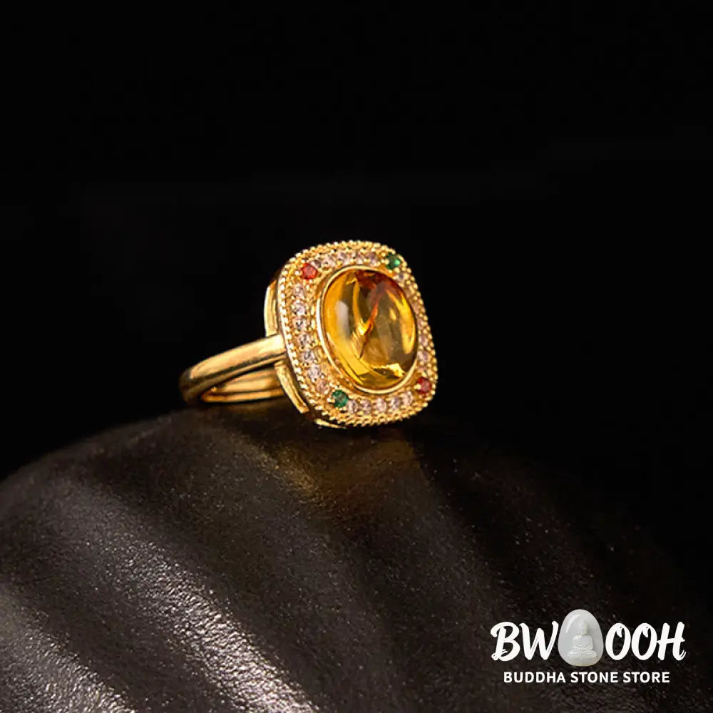 Buddha Stones Natural Amber Flower Square Support Full Diamond Confidence Ring - Amber(Inner Circumference: 58-62mm)