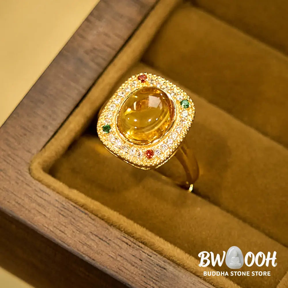 Buddha Stones Natural Amber Flower Square Support Full Diamond Confidence Ring - Amber(Inner Circumference: 58-62mm)