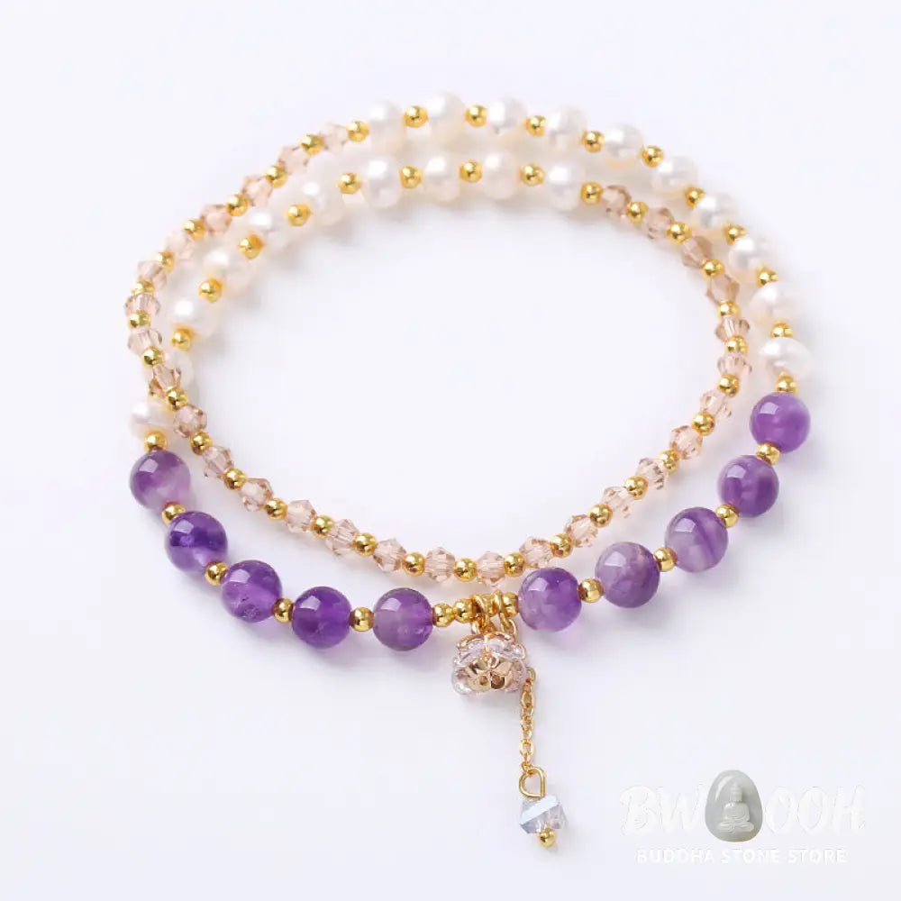 BWOOOH Natural Amethyst Aquamarine Strawberry Quartz Pearl Peace Healing Double Wrap Br | spiritual healing bracelet