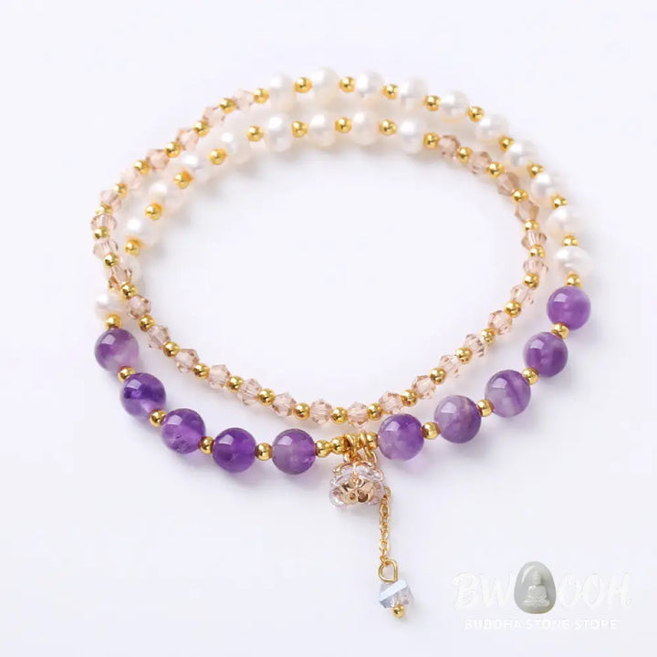 BWOOOH Natural Amethyst Aquamarine Strawberry Quartz Pearl Peace Healing Double Wrap Br | spiritual healing bracelet