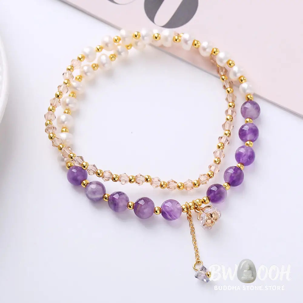 BWOOOH Natural Amethyst Aquamarine Strawberry Quartz Pearl Peace Healing Double Wrap Br | spiritual healing bracelet