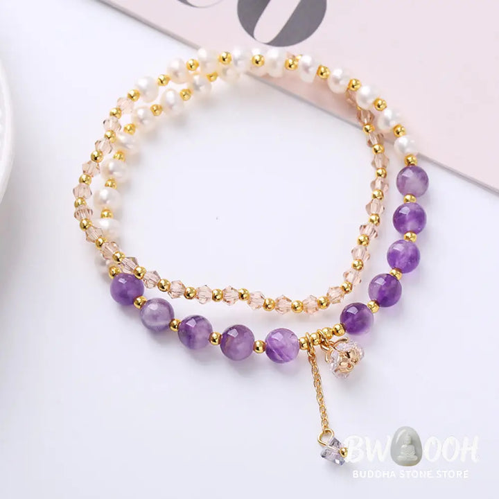 BWOOOH Natural Amethyst Aquamarine Strawberry Quartz Pearl Peace Healing Double Wrap Br | spiritual healing bracelet