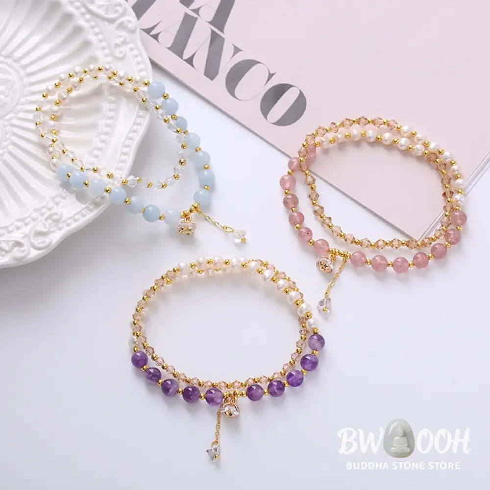 BWOOOH Natural Amethyst Aquamarine Strawberry Quartz Pearl Peace Healing Double Wrap Br | spiritual healing bracelet