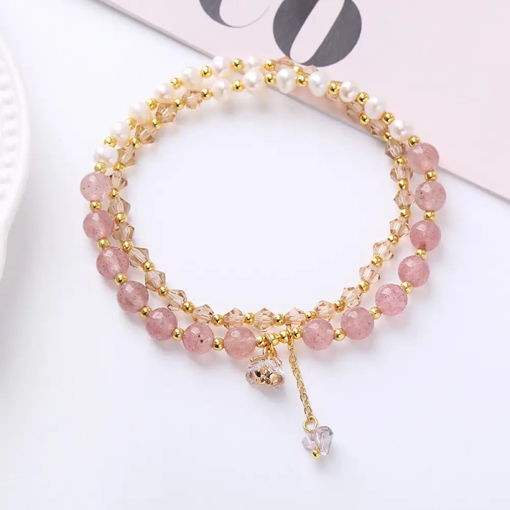 BWOOOH Natural Amethyst Aquamarine Strawberry Quartz Pearl Peace Healing Double Wrap Bracelet - Strawberry