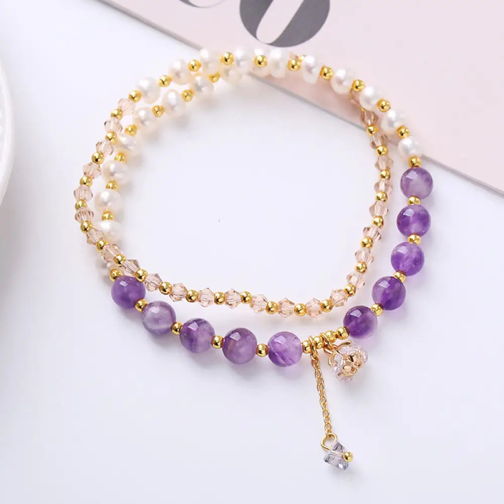 BWOOOH Natural Amethyst Aquamarine Strawberry Quartz Pearl Peace Healing Double Wrap Bracelet