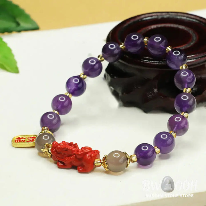 Buddha Stones Natural Amethyst Cinnabar Pi Xiu Fu Character Balance Bracelet - BWOOOH - Amethyst(Wrist Circumference