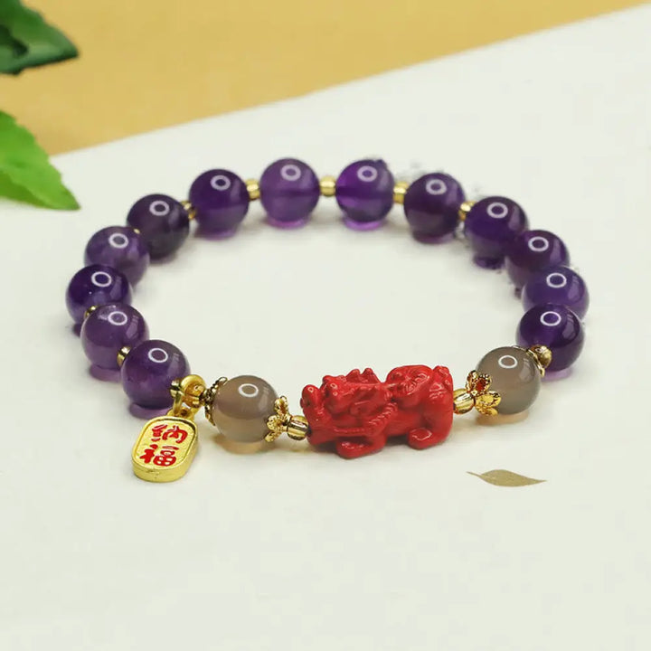 BWOOOH Natural Amethyst Cinnabar Pi Xiu Fu Character Balance Bracelet — Amethyst feng shui bracelet for spiritual healing ...