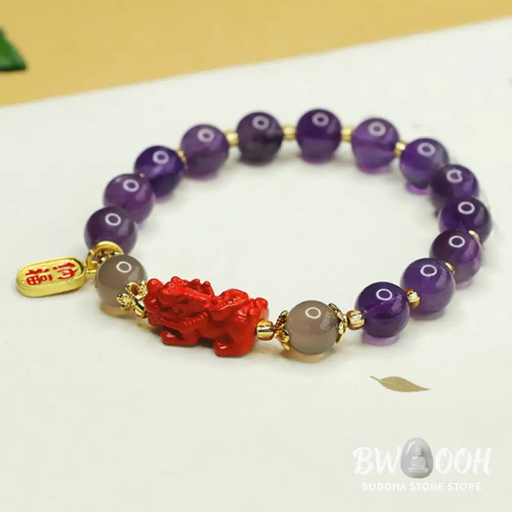 Buddha Stones Natural Amethyst Cinnabar Pi Xiu Fu Character Balance Bracelet - BWOOOH - Amethyst(Wrist Circumference