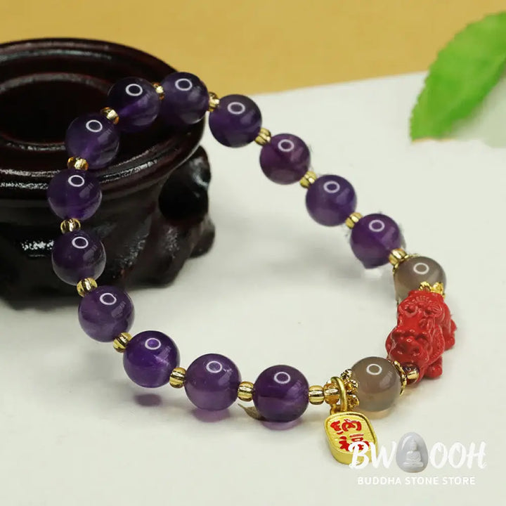 Buddha Stones Natural Amethyst Cinnabar Pi Xiu Fu Character Balance Bracelet - BWOOOH - Amethyst(Wrist Circumference