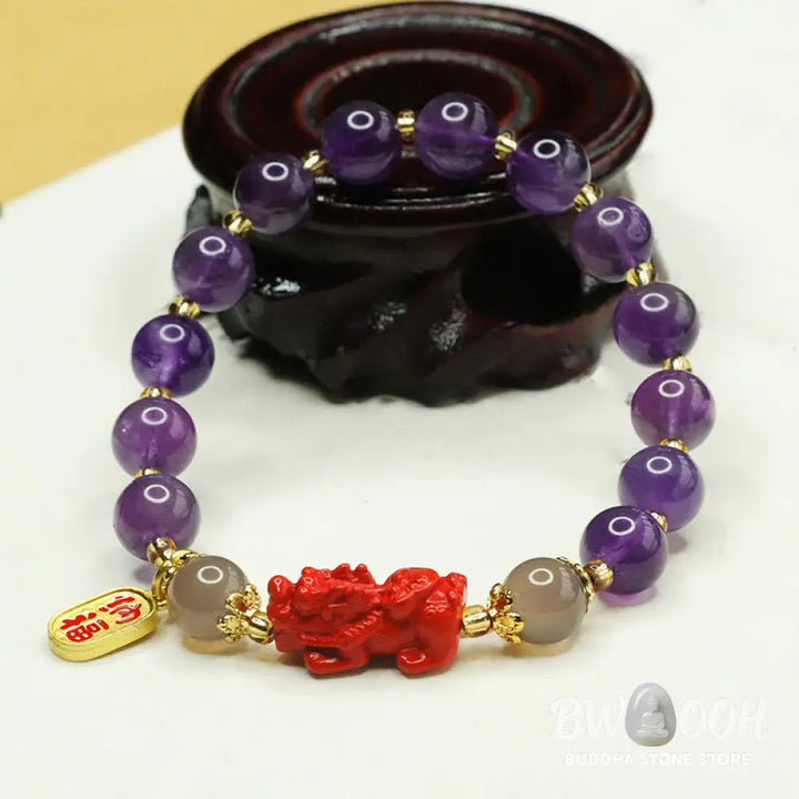 Buddha Stones Natural Amethyst Cinnabar Pi Xiu Fu Character Balance Bracelet - BWOOOH - Amethyst(Wrist Circumference