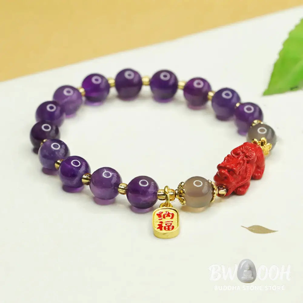 Buddha Stones Natural Amethyst Cinnabar Pi Xiu Fu Character Balance Bracelet - BWOOOH - Amethyst(Wrist Circumference