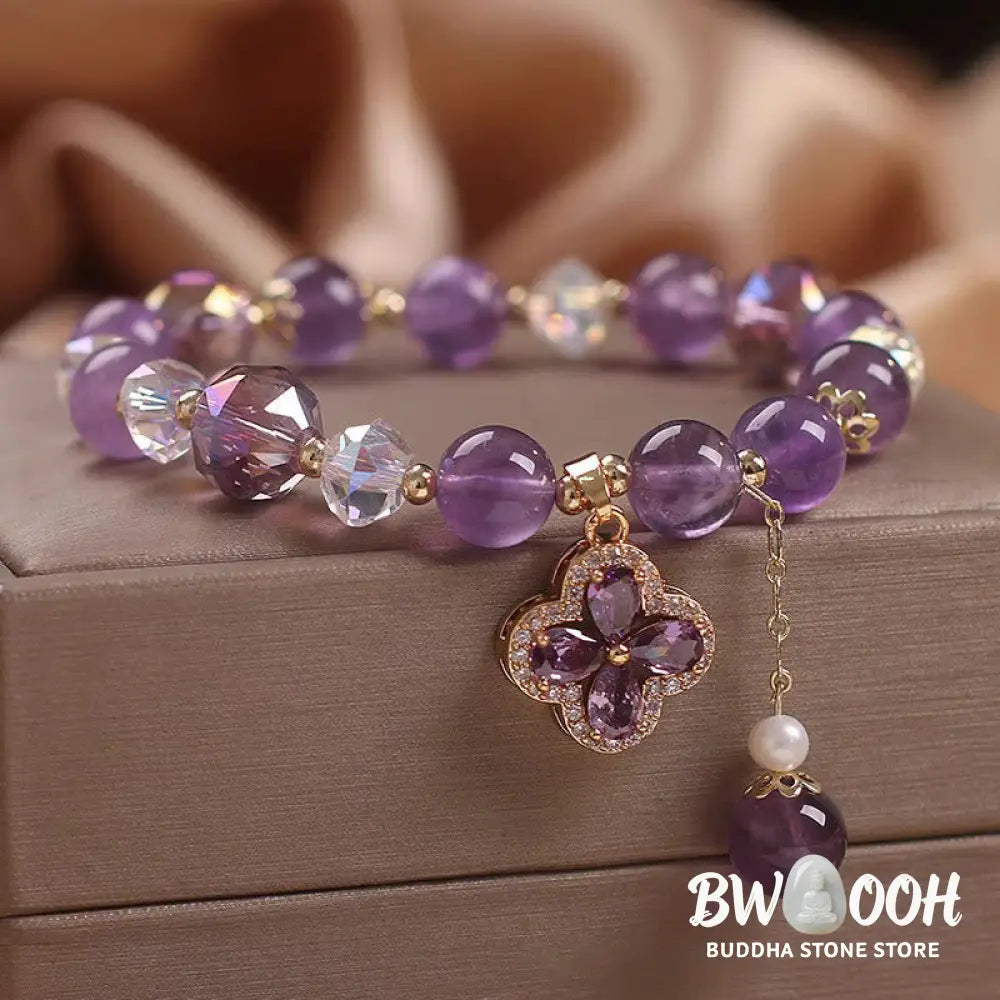 Buddha Stones Natural Amethyst Crystal Four Leaf Clover Spiritual Healing Bracelet - BWOOOH - Amethyst(Spiritual