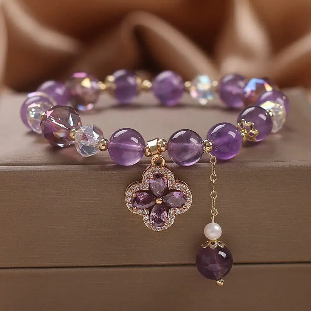 BWOOOH Natural Amethyst Crystal Four Leaf Clover Spiritual Healing Bracelet - BWOOOH - Amethyst(Spiritual