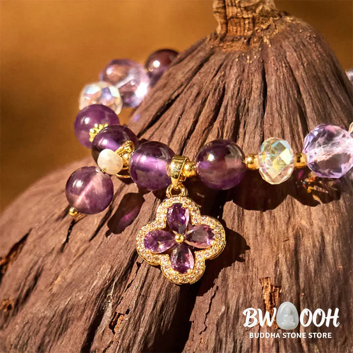 Buddha Stones Natural Amethyst Crystal Four Leaf Clover Spiritual Healing Bracelet - BWOOOH - Amethyst(Spiritual