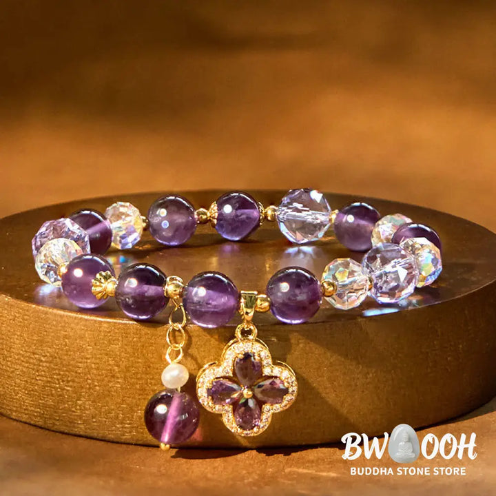 Buddha Stones Natural Amethyst Crystal Four Leaf Clover Spiritual Healing Bracelet - BWOOOH - Amethyst(Spiritual