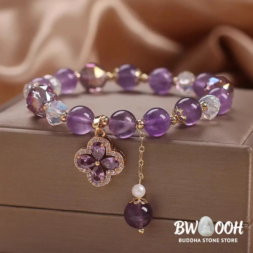 Buddha Stones Natural Amethyst Crystal Four Leaf Clover Spiritual Healing Bracelet - BWOOOH - Amethyst(Spiritual