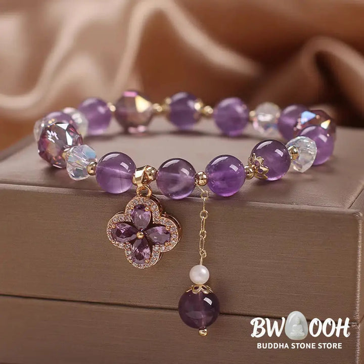 Buddha Stones Natural Amethyst Crystal Four Leaf Clover Spiritual Healing Bracelet - BWOOOH - Amethyst(Spiritual