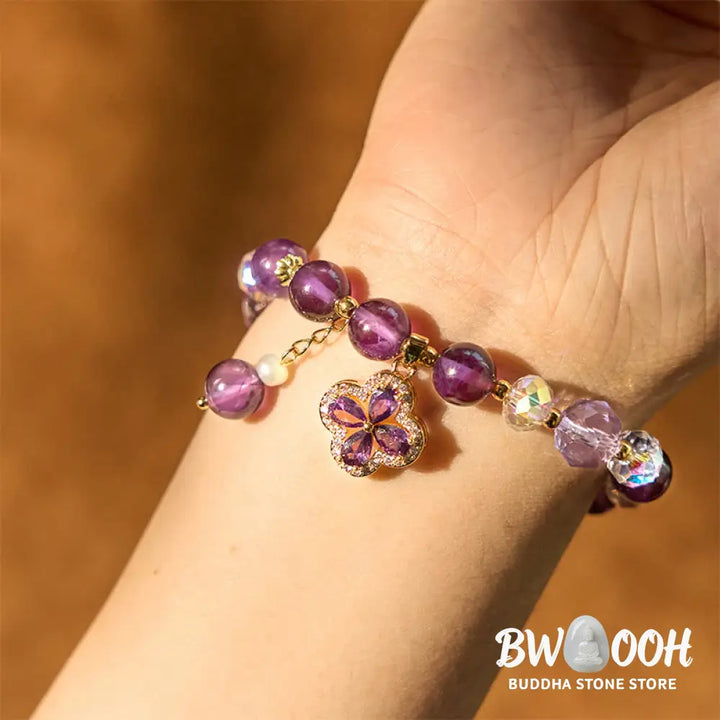 Buddha Stones Natural Amethyst Crystal Four Leaf Clover Spiritual Healing Bracelet - BWOOOH - Amethyst(Spiritual