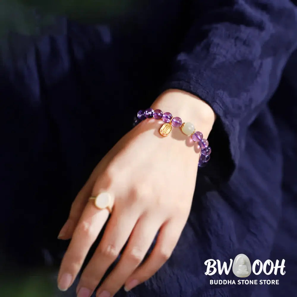 Buddha Stones Natural Amethyst Crystal Hetian Jade Healing Charm Bracelet - BWOOOH - Amethyst (Spiritual Awareness ♥