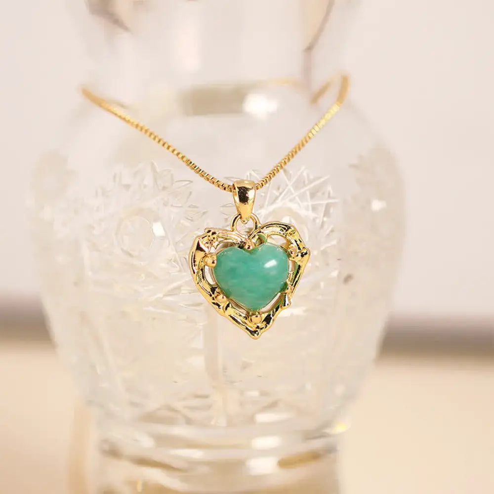 Buddha Stones Natural Amethyst Crystal Inlay Heart Shape Balance Necklace - Natural Amazonite(Color May Vary) - Necklace