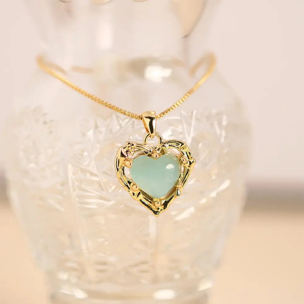 Buddha Stones Natural Amethyst Crystal Inlay Heart Shape Balance Necklace - Natural Aquamarine(Color May Vary)