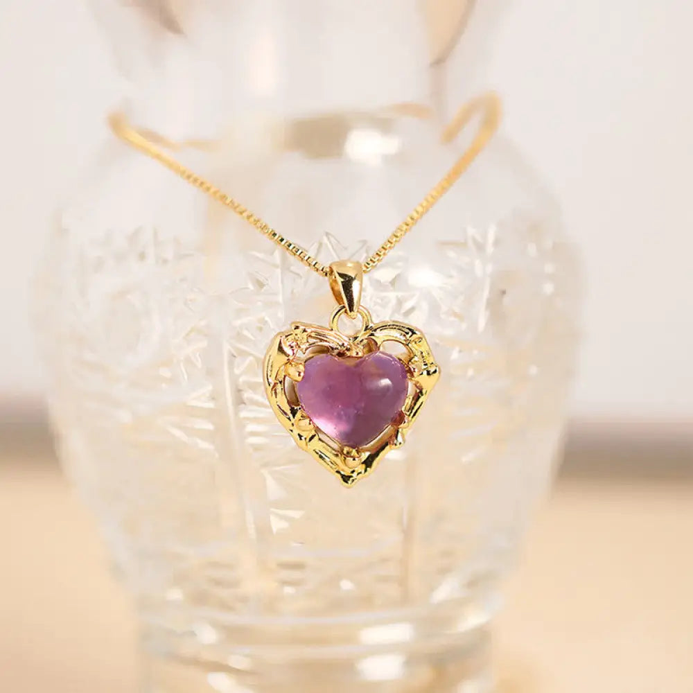 Buddha Stones Natural Amethyst Crystal Inlay Heart Shape Balance Necklace - Natural Amethyst(Color May Vary) - Necklace
