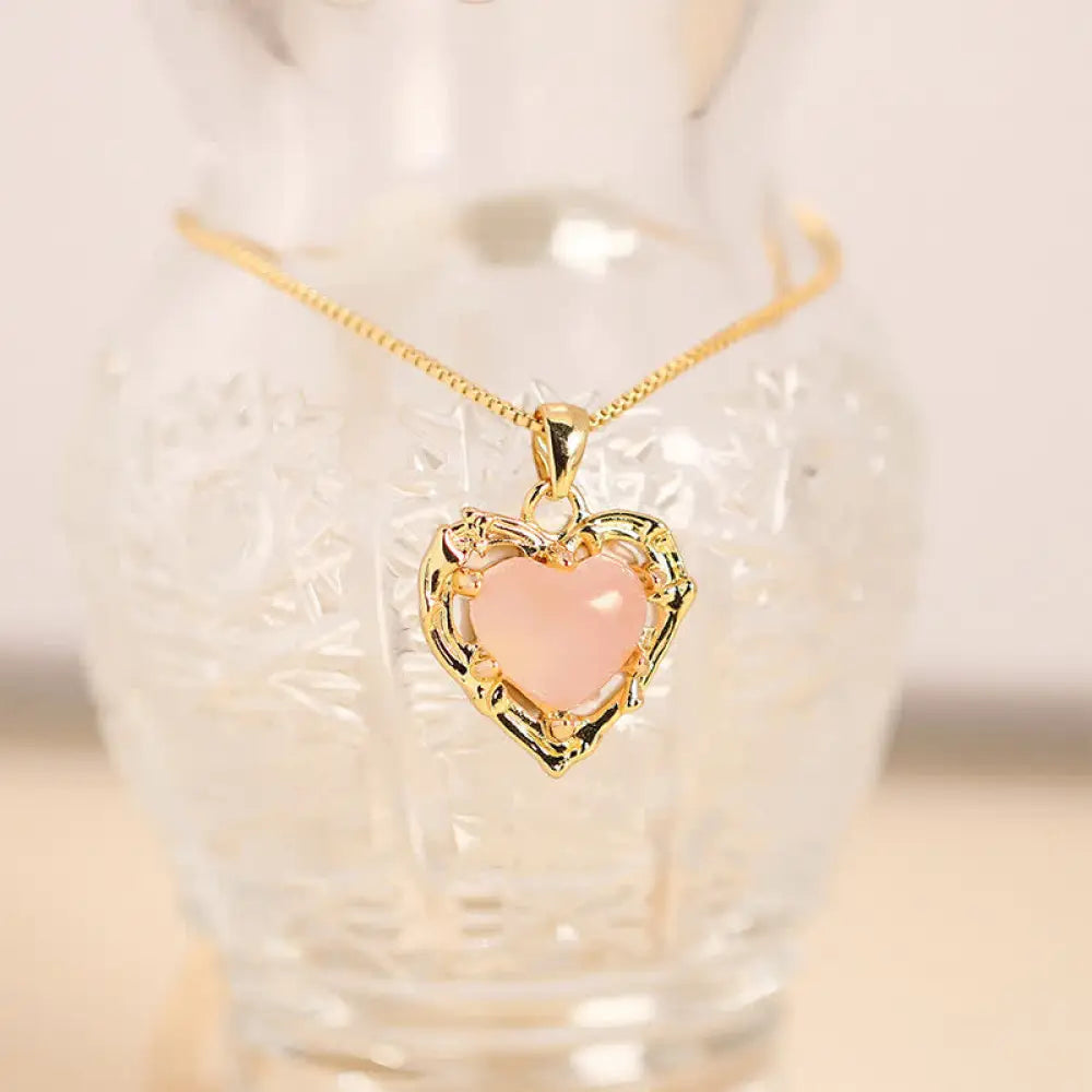 Buddha Stones Natural Amethyst Crystal Inlay Heart Shape Balance Necklace - Natural Rose Quartz(Color May Vary)