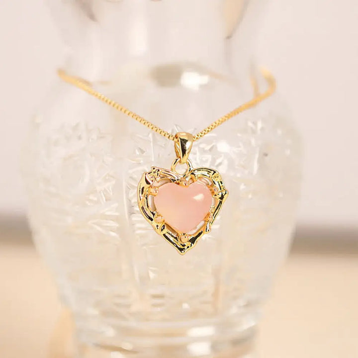 Buddha Stones Natural Amethyst Crystal Inlay Heart Shape Balance Necklace - Natural Rose Quartz(Color May Vary)