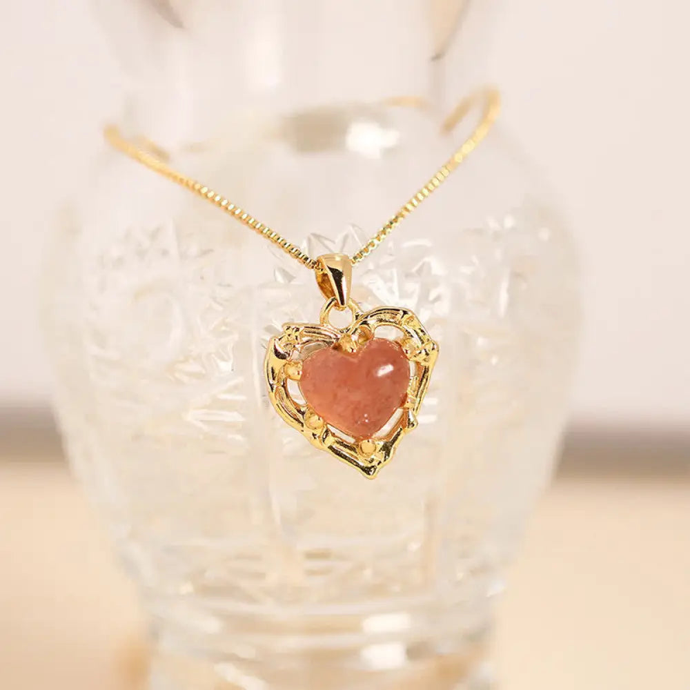 Buddha Stones Natural Amethyst Crystal Inlay Heart Shape Balance Necklace - Natural Strawberry Quartz(Color May Vary)