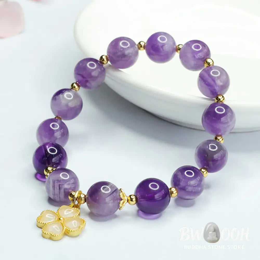 Buddha Stones Natural Amethyst Crystal Inner Peace Four Leaf Clover Charm Bracelet - BWOOOH - Amethyst(Spiritual