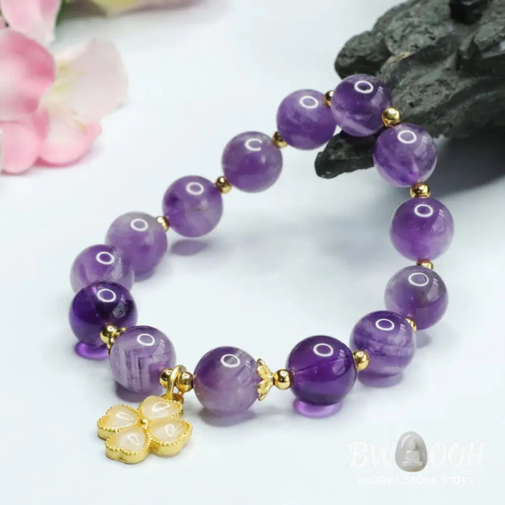 Buddha Stones Natural Amethyst Crystal Inner Peace Four Leaf Clover Charm Bracelet - BWOOOH - Amethyst(Spiritual