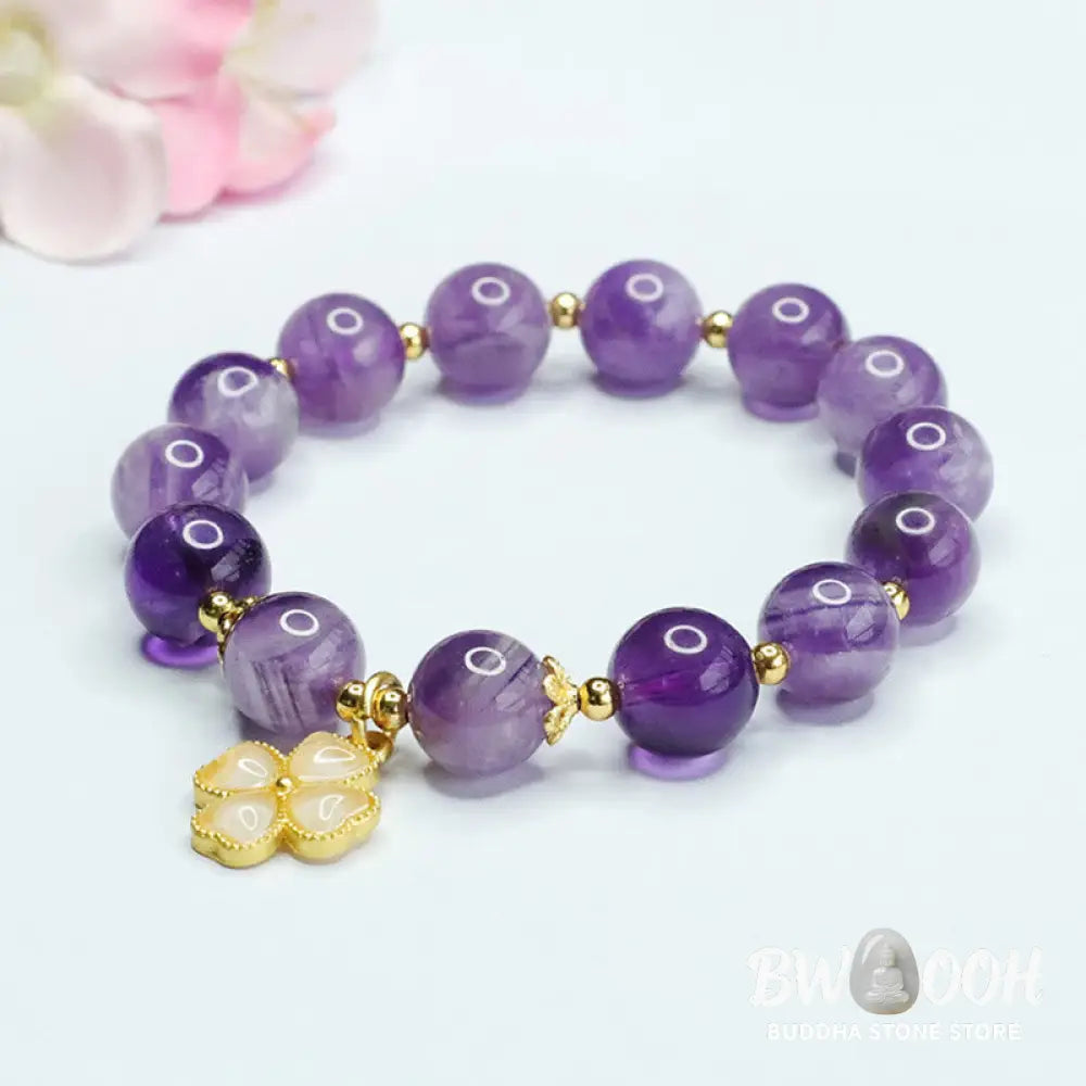 Buddha Stones Natural Amethyst Crystal Inner Peace Four Leaf Clover Charm Bracelet - BWOOOH - Amethyst(Spiritual
