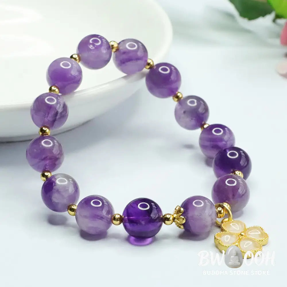Buddha Stones Natural Amethyst Crystal Inner Peace Four Leaf Clover Charm Bracelet - BWOOOH - Amethyst(Spiritual