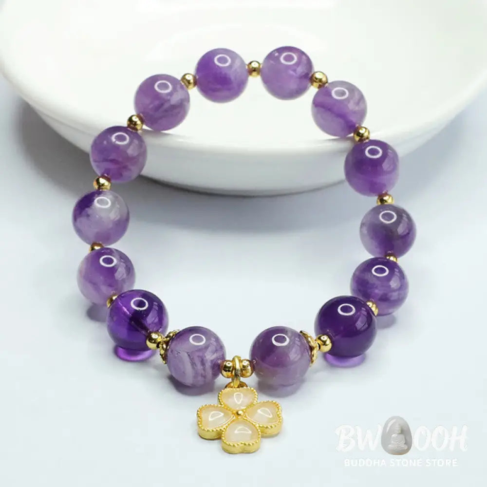 Buddha Stones Natural Amethyst Crystal Inner Peace Four Leaf Clover Charm Bracelet - BWOOOH - Amethyst(Spiritual