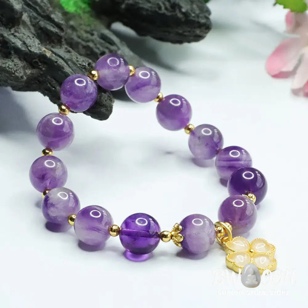 Buddha Stones Natural Amethyst Crystal Inner Peace Four Leaf Clover Charm Bracelet - BWOOOH - Amethyst(Spiritual
