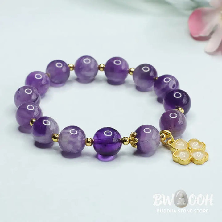 Buddha Stones Natural Amethyst Crystal Inner Peace Four Leaf Clover Charm Bracelet - BWOOOH - Amethyst(Spiritual